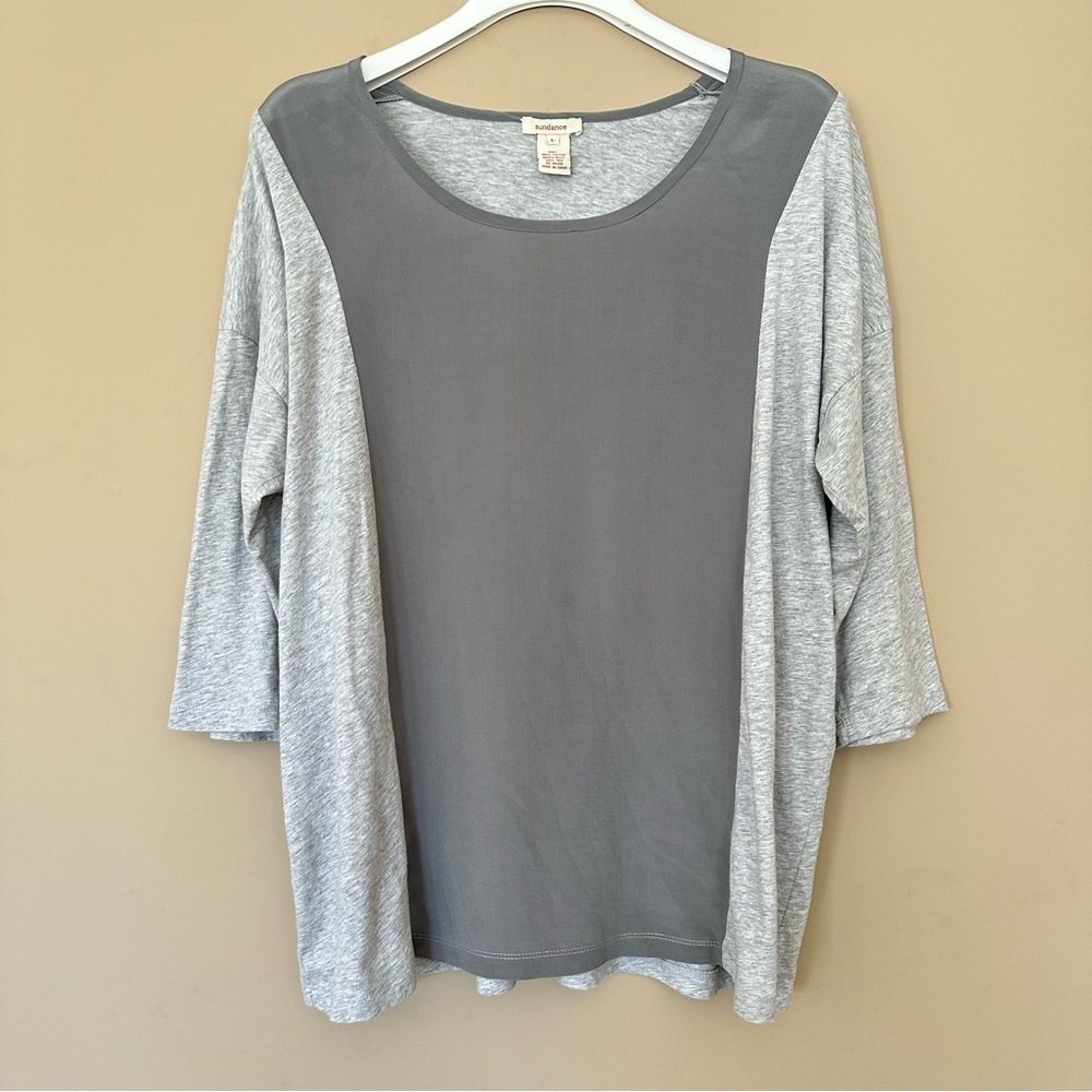 Sundance Women L Top Silk & Cotton Gray Minimalist Quiet Luxury Casual Grey